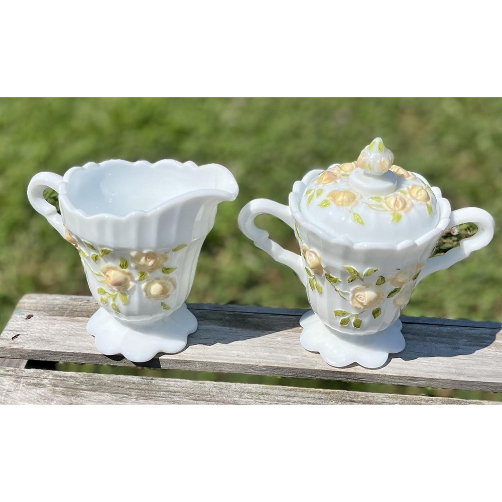 Vintage‎ Fenton Creamer Sugar Bowl Rose Floral Embossed
